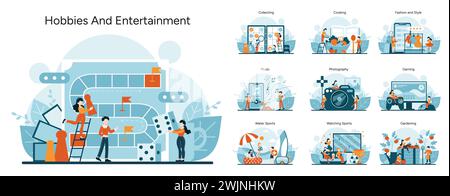 Hobbys und Unterhaltung. Vielfältige Freizeitaktivitäten von Spielen bis Gartenarbeit. Freizeit im Innen- und Außenbereich, kreative Künste, sportliches Engagement. Eine Sammlung fröhlicher Freizeitaktivitäten. Flacher Vektor Stock Vektor