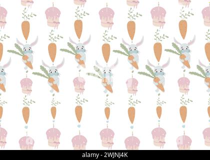 Nahtloses Muster mit Kaninchen, Karotten, osterkuchen auf weißem Hintergrund Vektor-Illustration. Niedliche Zeichentrickfigur. Stock Vektor