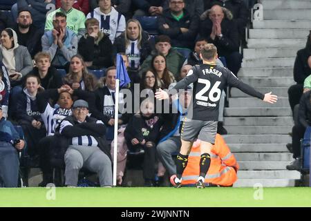 West Bromwich, Großbritannien. Februar 2024. Ryan Fraser aus Southampton feiert sein Tor bei der EFL Sky Bet Championship zwischen West Bromwich Albion und Southampton in den Hawthorns in West Bromwich, England am 16. Februar 2024. Foto von Stuart Leggett. Nur redaktionelle Verwendung, Lizenz für kommerzielle Nutzung erforderlich. Keine Verwendung bei Wetten, Spielen oder Publikationen eines einzelnen Clubs/einer Liga/eines Spielers. Quelle: UK Sports Pics Ltd/Alamy Live News Stockfoto
