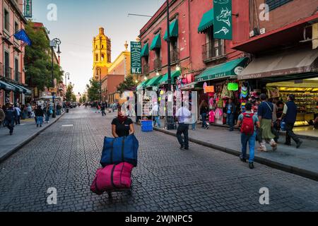 Frau schiebt Waren auf einer Einkaufsstraße - Markt in der Altstadt von Mexiko-Stadt, Mexiko. Stockfoto