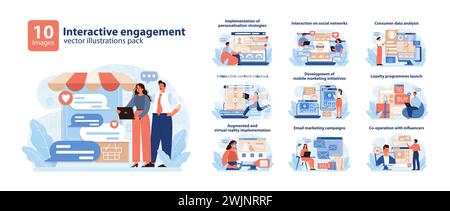 Interaktiver Vektorsatz Für Interaktion. Eine Sammlung, in der verschiedene digitale Marketingstrategien und Techniken zur Kundenbindung vorgestellt werden. Umfasst soziale Medien, Datenanalyse und VR. Flacher Vektor. Stock Vektor