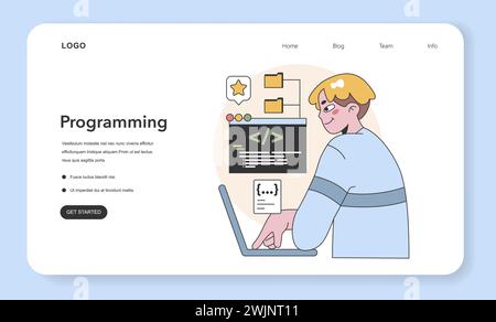 Grundlagenkonzept zur Programmierung. Fokussierte Entwicklercodierung auf Laptop mit HTML und CSS. Softwareentwicklungs- und Programmiersprachen. Illustration des flachen Vektors Stock Vektor