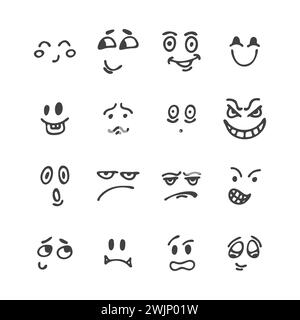 Set handgezeichneter lustiger Gesichter. Glückliche Gesichter. Set mit skizzierten Gesichtsausdrücken. Unterschiedliche Emotionen. Lächeln. Vektorabbildung Stock Vektor