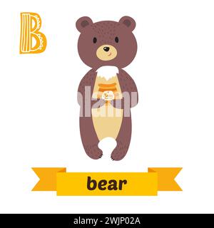 Bär. B Buchstabe. Niedliches Kindertier-Alphabet im Vektor. Lustige Zeichentricktiere. Vektorabbildung Stock Vektor