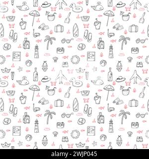 Niedliches, handgezeichnetes nahtloses Muster im Sommer. Strand-Hintergrund mit Sommerelementen. Vektorabbildung Stock Vektor