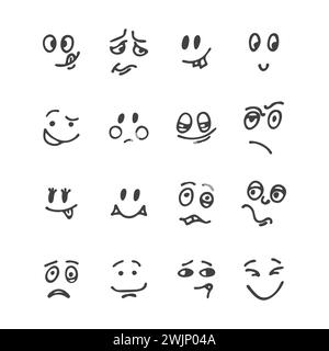 Set handgezeichneter lustiger Gesichter. Glückliche Gesichter. Set mit skizzierten Gesichtsausdrücken. Unterschiedliche Emotionen. Vektorabbildung Stock Vektor