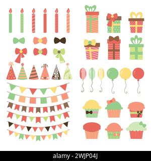 Set mit Designelementen für Geburtstagsfeiern. Bunte Ballons, Fahnen, Konfetti, Geschenke, Cupcakes, Kerzen, Schleifen und dekorative Bänder. Vektorabbildung Stock Vektor
