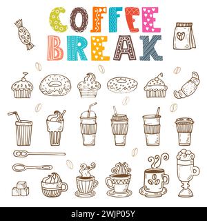 Kaffeepause. Vektor-Doodle-Set. Handgezeichnete Kaffeeelemente. Vektorabbildung Stock Vektor