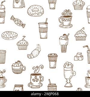 Handgezeichnetes nahtloses Muster mit Kaffeetassen, Kaffeebohnen, Keksen und Cupcakes. Vektorabbildung Stock Vektor