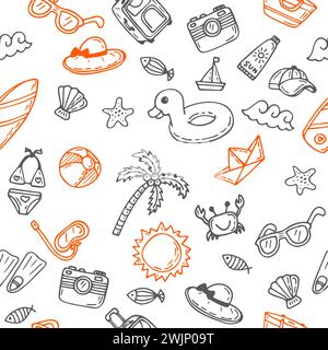 Handgezeichnetes nahtloses Sommermuster mit Strandsymbolen. Hintergrund zum Thema Strand. Vektorabbildung Stock Vektor