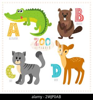 Niedliche Zeichentricktiere. Zoo-Alphabet mit lustigen Tieren. Buchstaben a, b, c, d. Alligator, Biber, Katze, Hirsch. Vektorabbildung Stock Vektor