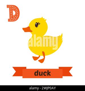 Ente. D Buchstabe. Niedliches Kindertier-Alphabet im Vektor. Lustige Zeichentricktiere. Vektorabbildung Stock Vektor