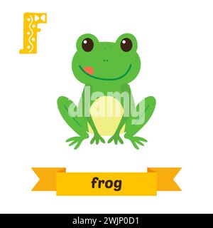 Frosch. F-Buchstabe. Niedliches Kindertier-Alphabet im Vektor. Lustige Zeichentricktiere. Vektorabbildung Stock Vektor