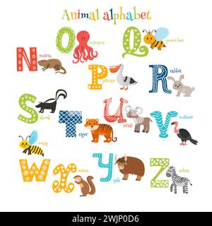 Zoo. Niedliches Zeichentricktier-Alphabet von N bis Z im Zeichentrickstil. Vektorabbildung Stock Vektor