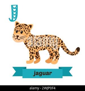 Jaguar. Buchstabe J. Niedliches Kindertier-Alphabet im Vektor. Lustige Zeichentricktiere. Vektorabbildung Stock Vektor