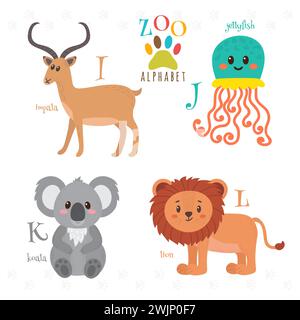 Zoo-Alphabet mit lustigen Zeichentricktieren. Ich, j, k, l Buchstaben. Impala, Quallen, Koala, Löwe. Vektorabbildung Stock Vektor