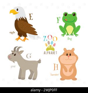 Zoo-Alphabet mit lustigen Zeichentricktieren. E-, f-, g-, h-Buchstaben. Adler, Frosch, Ziege, Hamster. Vektorabbildung Stock Vektor