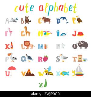 ABC. Kinderalphabet mit niedlichen Zeichentricktieren und anderen lustigen Elementen. Cartoon-Vokabular für Bildung. Vektorabbildung Stock Vektor