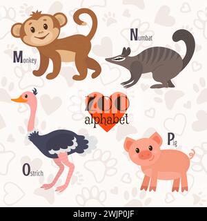 Zoo-Alphabet mit lustigen Tieren. M-, n-, o-, p-Buchstaben. Affe, Taubat, Strauß, Schwein. Vektorabbildung Stock Vektor