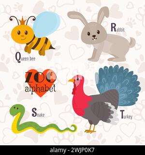 Zoo-Alphabet mit lustigen Tieren. Buchstaben Q, r, s, t. Bienenkönigin, Kaninchen, Schlange, truthahn. Vektorabbildung Stock Vektor