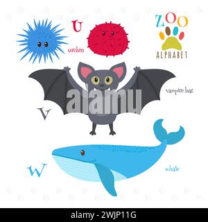 Zoo-Alphabet mit lustigen Zeichentricktieren. U, V, W Buchstaben. Segel, Vampirfledermaus, Wal. Vektorabbildung Stock Vektor