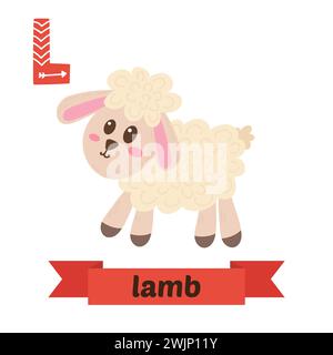 Lamm. L Buchstabe. Niedliches Kindertier-Alphabet im Vektor. Lustige Zeichentricktiere. Vektorabbildung Stock Vektor