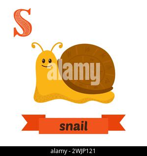 Schnecke. S Buchstabe. Niedliches Kindertier-Alphabet im Vektor. Lustige Zeichentricktiere. Vektorabbildung Stock Vektor