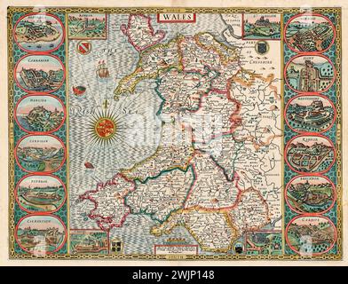 Vintage Illustrated Map of Wales 1610. Von John Speed's Zeigt walisische Countys, zwölf Ansichten der County Towns of Wales Stockfoto