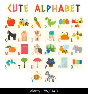 Kinderalphabet mit niedlichen Zeichentricktieren und anderen lustigen Elementen. Cartoon-Vokabular für Bildung. ABC. Vektorabbildung Stock Vektor