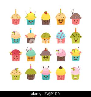 Set Cupcakes und Muffins. Kawaii Cupcakes Set. Süße Zeichentrickfiguren, Emoji. Geburtstags-Ikonen von Desserts. Vektorabbildung Stock Vektor