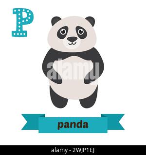 Panda. P-Buchstabe. Niedliches Kindertier-Alphabet im Vektor. Lustige Zeichentricktiere. Vektorabbildung Stock Vektor