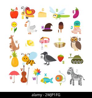 Lesen lernen. Kinderalphabet mit niedlichen Zeichentricktieren und anderen lustigen Elementen. ABC. Vektorabbildung Stock Vektor