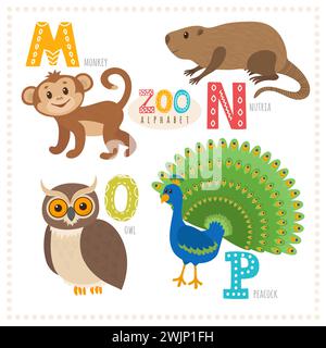 Niedliche Zeichentricktiere. Zoo-Alphabet mit lustigen Tieren. M-, n-, o-, p-Buchstaben. Affe, Nutria, Eule, Pfau. Vektorabbildung Stock Vektor
