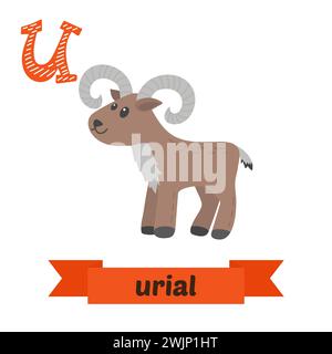 Urial. U-Buchstabe. Niedliches Kindertier-Alphabet im Vektor. Lustige Zeichentricktiere. Vektorabbildung Stock Vektor