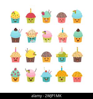 Set Cupcakes und Muffins. Süße Zeichentrickfiguren, Emoji. Geburtstags-Ikonen von Desserts. Kawaii Cupcakes Set. Vektorabbildung Stock Vektor