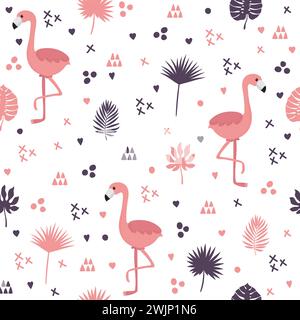 Nahtloses Muster mit Flamingos und Blättern. Niedlicher Hintergrund mit dekorativen Elementen. Vektorabbildung Stock Vektor