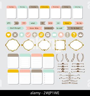 Designelemente für Website. Vorlage für Notizbücher. Monatsplaner. Für Blog-Design. Notizen, Aufkleber, Etiketten. Vektorabbildung Stock Vektor