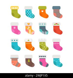 Set aus farbenfrohen Socken mit verschiedenen Mustern. Weihnachtsstrümpfe. Vektorabbildung Stock Vektor