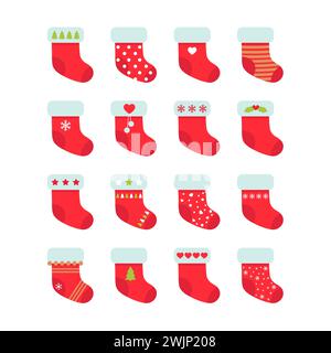 Set mit roten Weihnachtssocken. Weihnachtsstrumpfkollektion. Vektorabbildung Stock Vektor