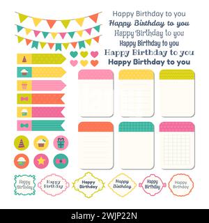 Set mit Designelementen für Geburtstagsfeiern. Vorlage für Notizbücher. Monatsplaner. Notizen, Aufkleber, Etiketten. Vektorabbildung Stock Vektor
