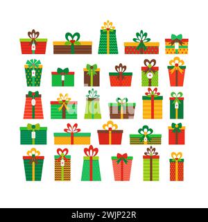 Set aus verschiedenen Geschenkboxen. Farbenfrohe Geschenkboxen. Flaches Design. Weihnachtsgeschenke. Vektorabbildung Stock Vektor