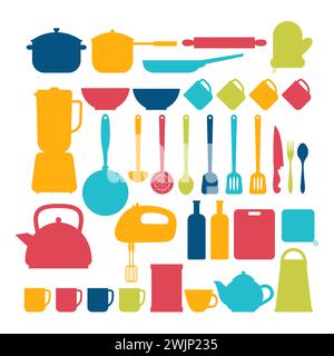 Küchengeräte. Kochutensilien und Küchenutensilien Silhouetten. Vektorabbildung Stock Vektor