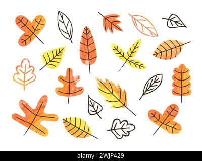 Herbstlaub gesetzt. Vektor Hand gezeichnete Sammlung von abstrakten Karikaturblättern Stock Vektor