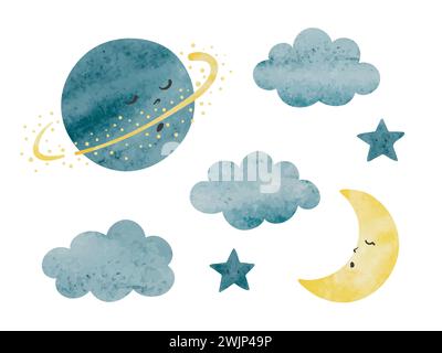 Aquarellset aus niedlichem Mond, Sternen, Wolken und Planeten. Kindergartenelemente. Vektor-Illustration für Kinder Stock Vektor