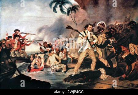 JAMES COOK ( 1728–1779) englischer Marineoffizier und Entdecker. Das Gemälde von George Carter aus dem Jahr 1783 zeigt Cooks Tod in der Kealakekua Bay, Hawaii, 14. Februar 1779 Stockfoto