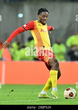 Linse, Frankreich. Februar 2024. Elye Wahi (9) von RC Lens, das während des Play-off-Spiels der UEFA Europa League in der Saison 2023-2024 zwischen Racing Club de Lens und SC Freiburg am 15. Februar 2024 in Lens, Frankreich, gezeigt wurde. (Foto: David Catry/Isosport) Credit: Sportpix/Alamy Live News Stockfoto