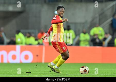 Linse, Frankreich. Februar 2024. Elye Wahi (9) von RC Lens, das während des Play-off-Spiels der UEFA Europa League in der Saison 2023-2024 zwischen Racing Club de Lens und SC Freiburg am 15. Februar 2024 in Lens, Frankreich, gezeigt wurde. (Foto: David Catry/Isosport) Credit: Sportpix/Alamy Live News Stockfoto