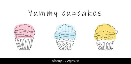 Set aus bunten Cupcakes im Stil einer durchgehenden einzeiligen Zeichnung mit Text Yummy Cupcakes. Einfache Strichkunst von Muffins mit gewelltem Frosting. vektorisola Stock Vektor
