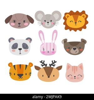 Set mit niedlichen handgezeichneten lächelnden Tieren. Katze, Panda, Tiger, Hund, Hirsch, Löwe, Hase, Maus und Bär. Cartoon Zoo. Vektorabbildung Stock Vektor