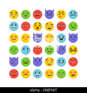 Satz von Emoticons. Flaches Design. Avatare. Niedliche Emoji-Symbole. Große Sammlung mit verschiedenen Ausdrücken. Vektorabbildung Stock Vektor